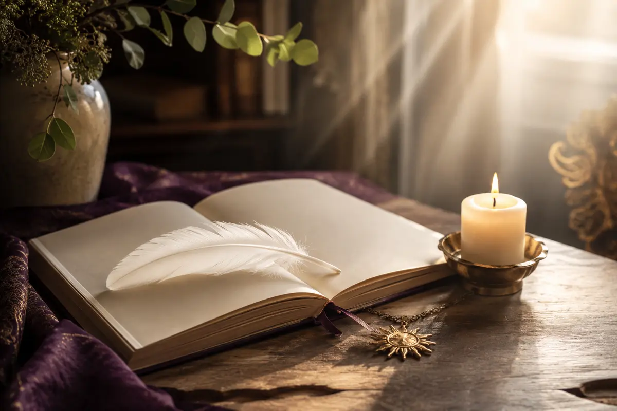 Angel guidance journal with white feather and candle
