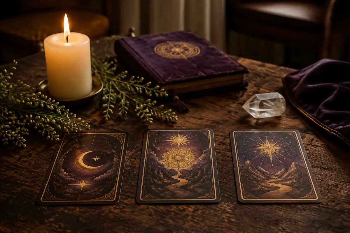 Three-card Tarot reading with candle and crystal