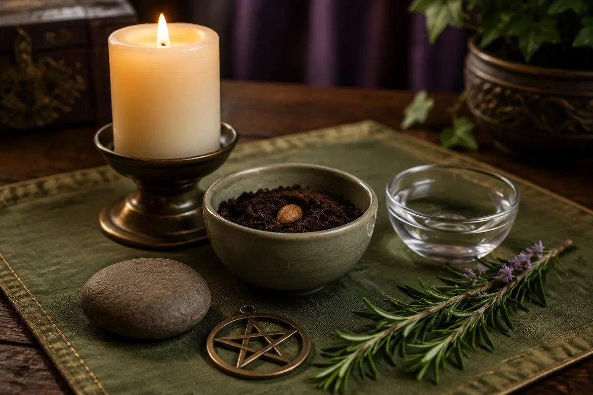 Safe beginner Wiccan ritual with candle, soil, water, stone and herbs